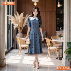 Đầm thiết kế BEMINE cổ sen viền ren họa tiết chấm bi dáng chữ A phù hợp đi làm-MT11097