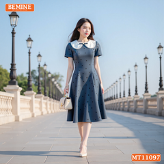 Đầm thiết kế BEMINE cổ sen viền ren họa tiết chấm bi dáng chữ A phù hợp đi làm-MT11097