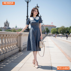 Đầm thiết kế BEMINE cổ sen viền ren họa tiết chấm bi dáng chữ A phù hợp đi làm-MT11097