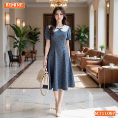 Đầm thiết kế BEMINE cổ sen viền ren họa tiết chấm bi dáng chữ A phù hợp đi làm-MT11097