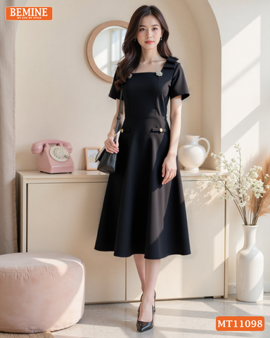 Đầm thiết kế BEMINE cổ vuông nơ vai dáng chữ A MT11098