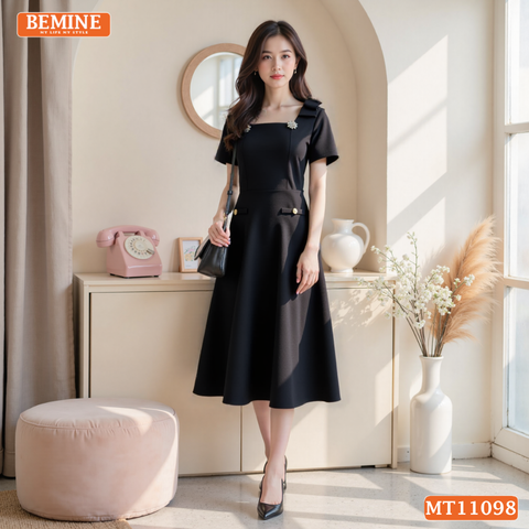 Đầm thiết kế BEMINE cổ vuông nơ vai dáng chữ A MT11098