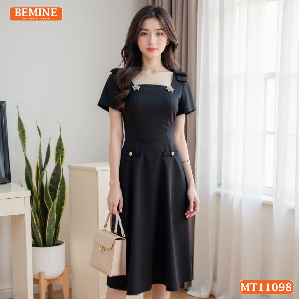 Đầm thiết kế BEMINE cổ vuông nơ vai dáng chữ A MT11098