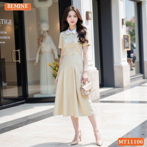 Đầm thiết kế BEMINE cổ sen đính cúc kẻ sọc dáng chữ A MT11106