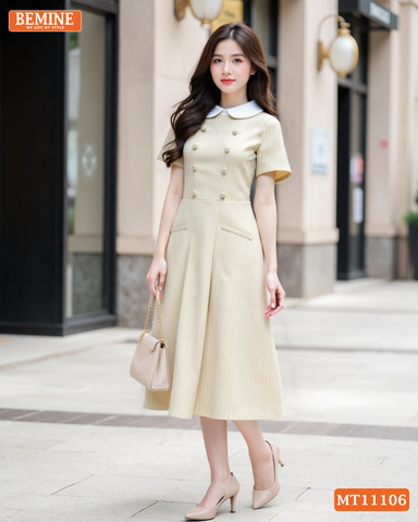 Đầm thiết kế BEMINE cổ sen đính cúc kẻ sọc dáng chữ A MT11106
