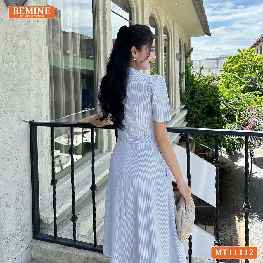 Đầm thiết kế BEMINE cổ tim cavat giả dáng chữ A tùng xếp ly MT11112