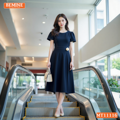 Đầm thiết kế BEMINE cổ tròn chỉ chạy viền dáng chữ A MT11116