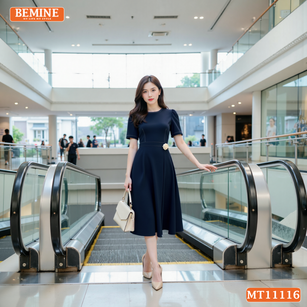 Đầm thiết kế BEMINE cổ tròn chỉ chạy viền dáng chữ A MT11116