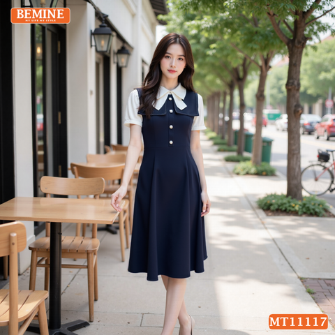 Đầm thiết kế BEMINE cổ đức đính cúc dáng chữ A MT11117