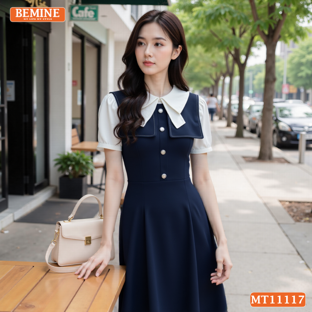 Đầm thiết kế BEMINE cổ đức đính cúc dáng chữ A MT11117