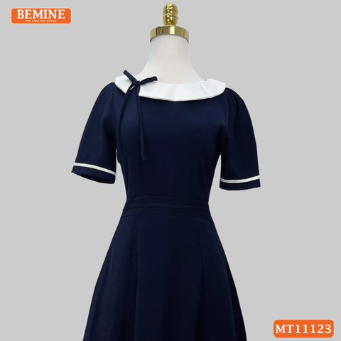 Đầm thiết kế BEMINE cổ sen kiểu lệch đính nơ dáng chữ A MT11123