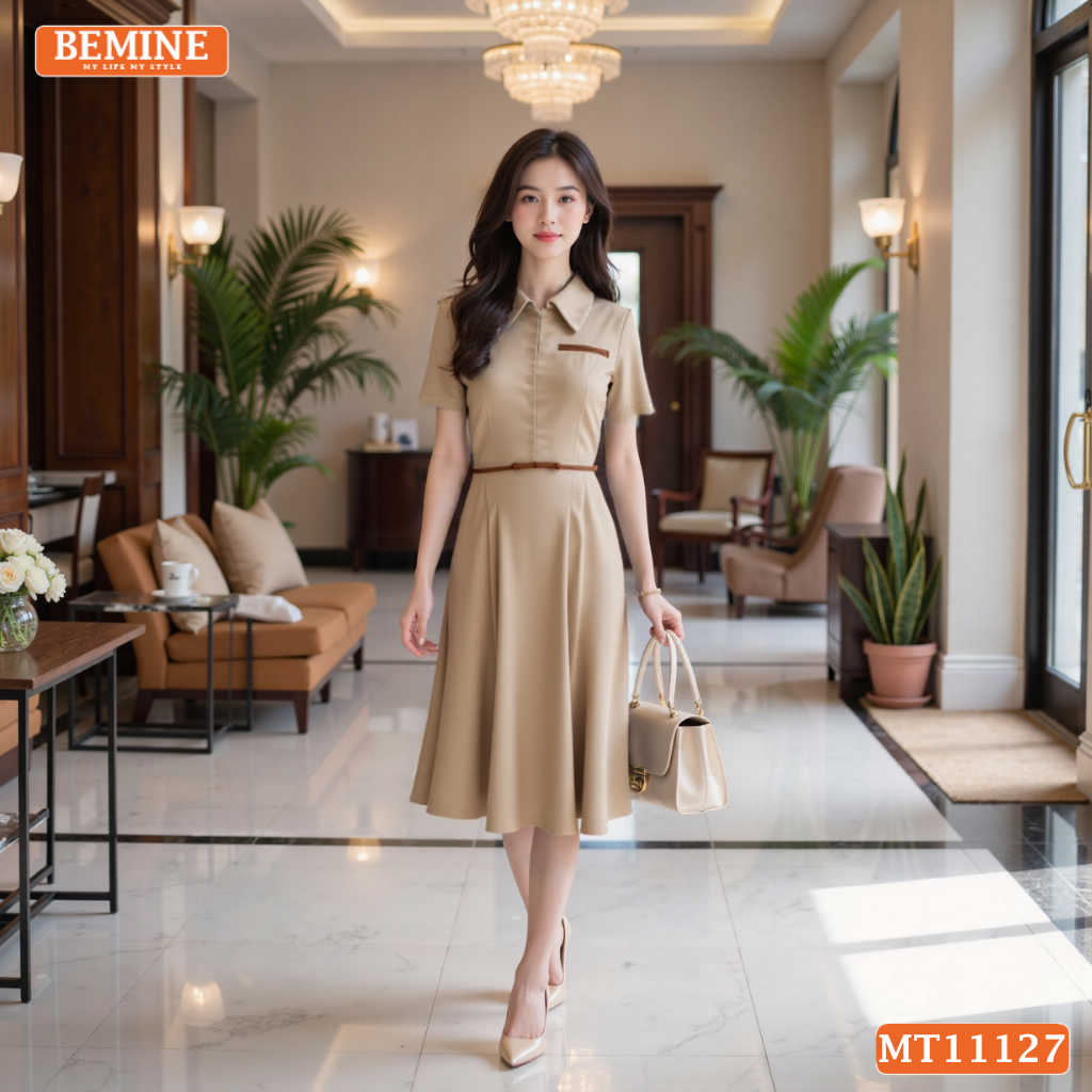 Đầm thiết kế BEMINE cổ đức khóa kéo trước dáng chữ A MT11127