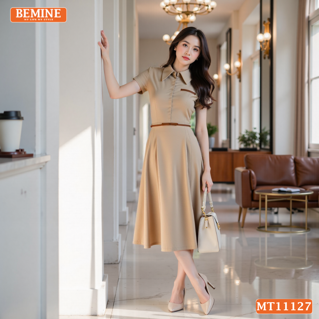 Đầm thiết kế BEMINE cổ đức khóa kéo trước dáng chữ A MT11127