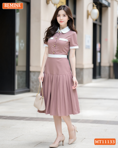 Đầm thiết kế BEMINE cổ sen dáng dài tùng xếp ly MT11133