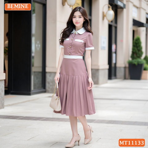 Đầm thiết kế BEMINE cổ sen dáng dài tùng xếp ly MT11133