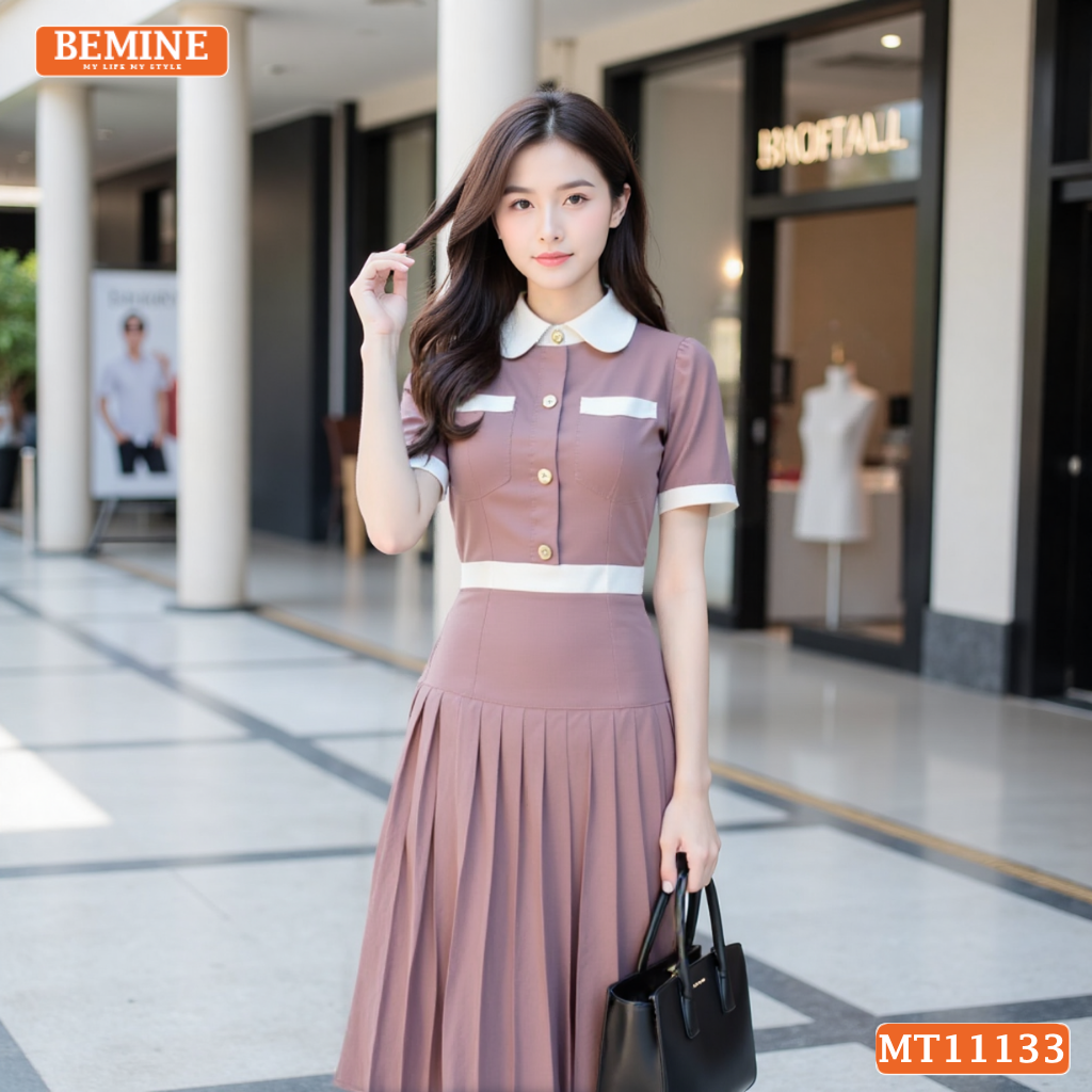 Đầm thiết kế BEMINE cổ sen dáng dài tùng xếp ly MT11133