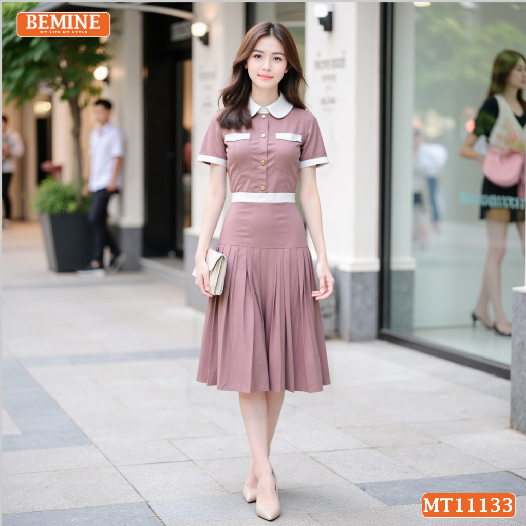 Đầm thiết kế BEMINE cổ sen dáng dài tùng xếp ly MT11133