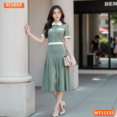Đầm thiết kế BEMINE cổ sen dáng dài tùng xếp ly MT11133