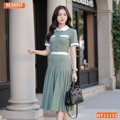 Đầm thiết kế BEMINE cổ sen dáng dài tùng xếp ly MT11133