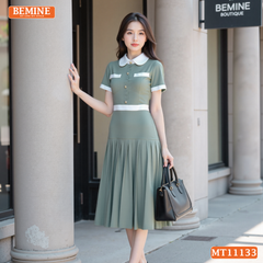 Đầm thiết kế BEMINE cổ sen dáng dài tùng xếp ly MT11133