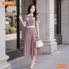 Đầm thiết kế BEMINE cổ sen dáng dài tùng xếp ly MT11133