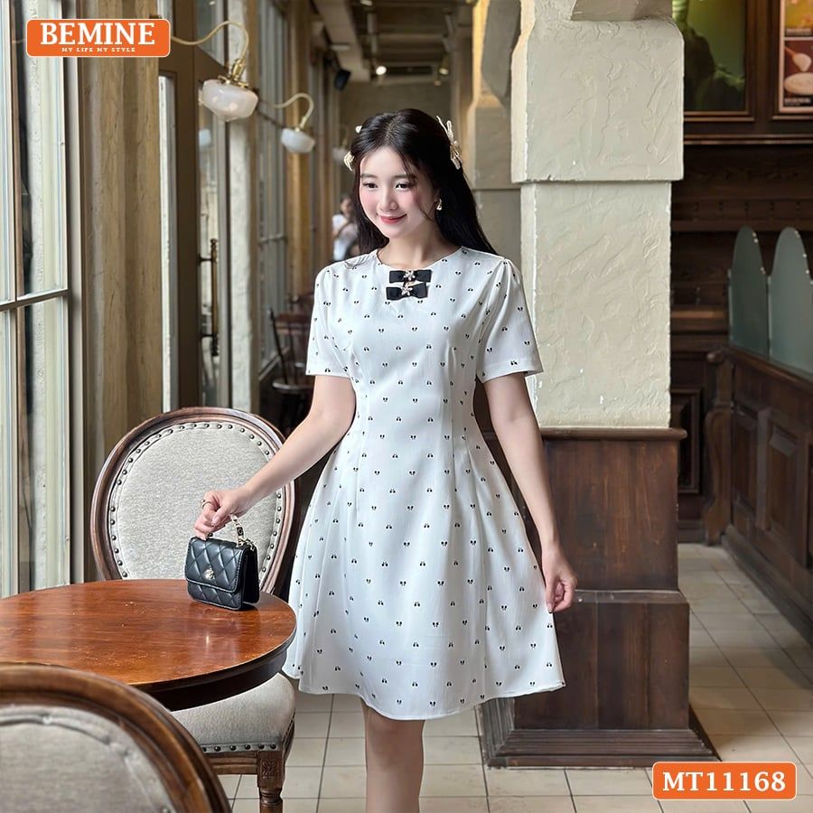 Đầm thiết kế BEMINE cổ tròn có nơ dáng chữ A MT11168