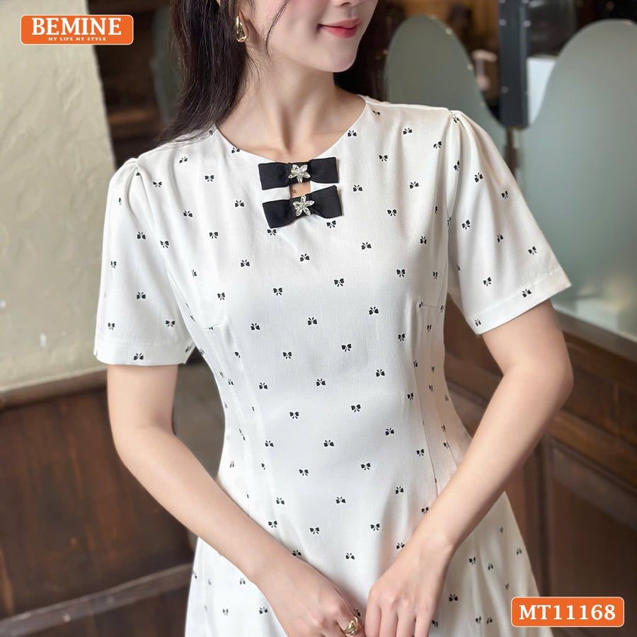 Đầm thiết kế BEMINE cổ tròn có nơ dáng chữ A MT11168