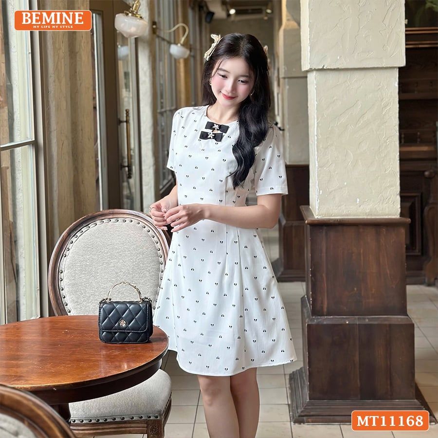 Đầm thiết kế BEMINE cổ tròn có nơ dáng chữ A MT11168