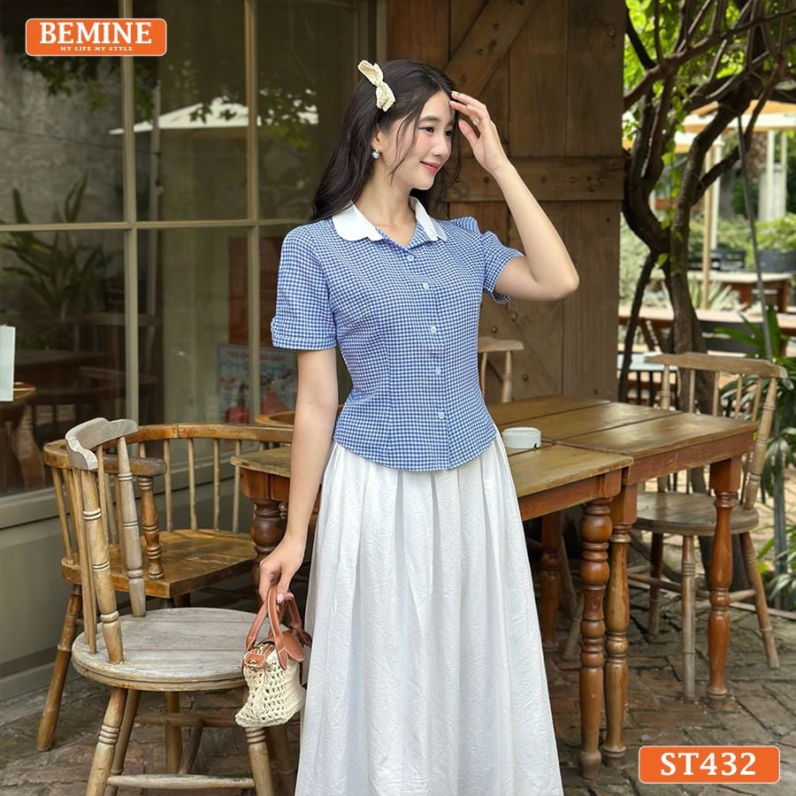 Set BEMINE áo cổ sen đính cúc chân váy xòe dài-ST432
