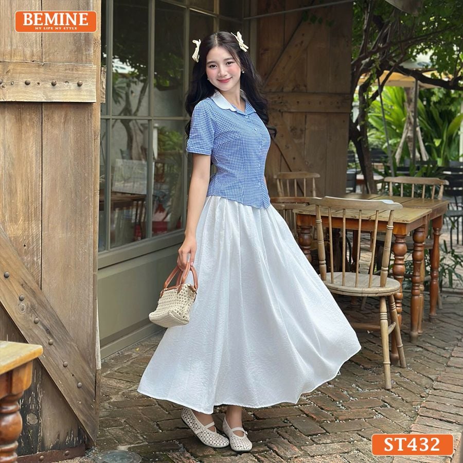 Set BEMINE áo cổ sen đính cúc chân váy xòe dài-ST432