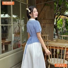 Set BEMINE áo cổ sen đính cúc chân váy xòe dài-ST432