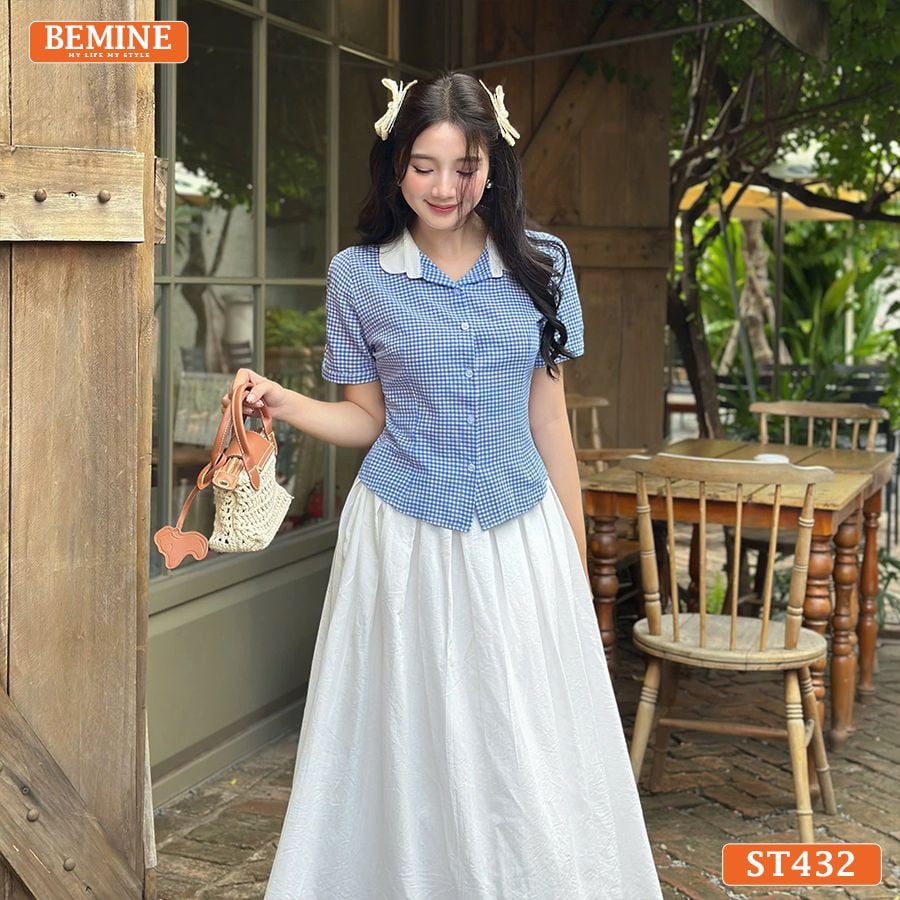 Set BEMINE áo cổ sen đính cúc chân váy xòe dài-ST432