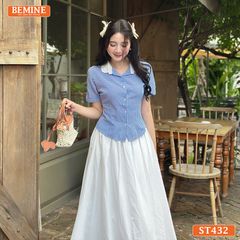 Set BEMINE áo cổ sen đính cúc chân váy xòe dài-ST432
