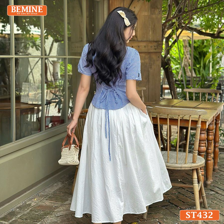 Set BEMINE áo cổ sen đính cúc chân váy xòe dài-ST432