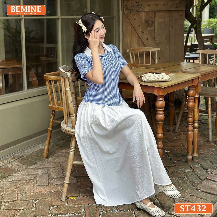 Set BEMINE áo cổ sen đính cúc chân váy xòe dài-ST432