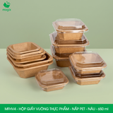  MFHV4 - Combo 25 hộp giấy kraft vuông thực phẩm - Nắp PET - Nâu - 650 ml 
