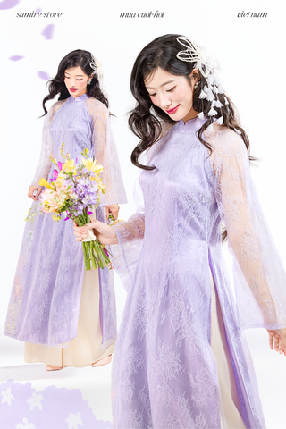 Áo dài dáng ôm ren kim sa Phúc Thiên Hương - Tím