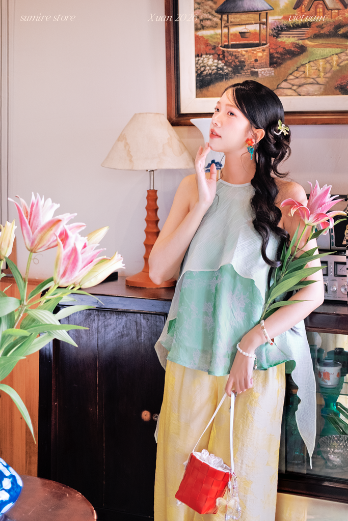 Áo yếm tơ nhũ Trà lụa - Xanh ngọc