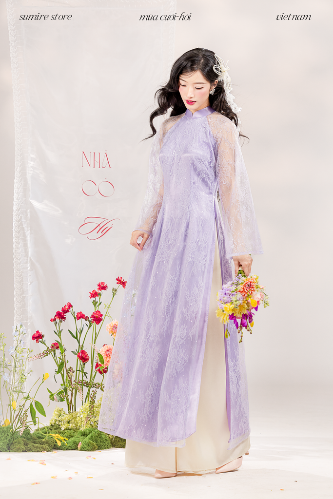 Áo dài dáng ôm ren kim sa Phúc Thiên Hương - Tím