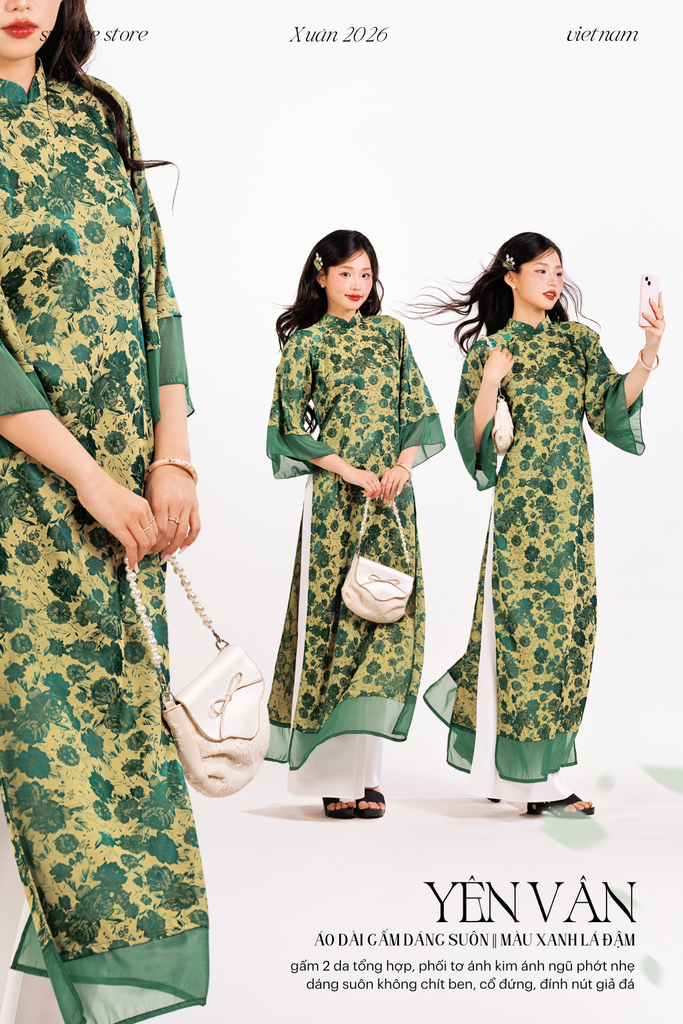 Áo dài gấm dáng suôn Yên Vân - Xanh lá đậm