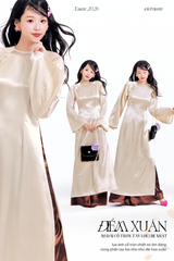 Áo dài cổ tròn Điểm Xuân - Be nhạt