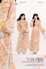 Áo dài tơ hoa Vân Đình - Cam viền xanh