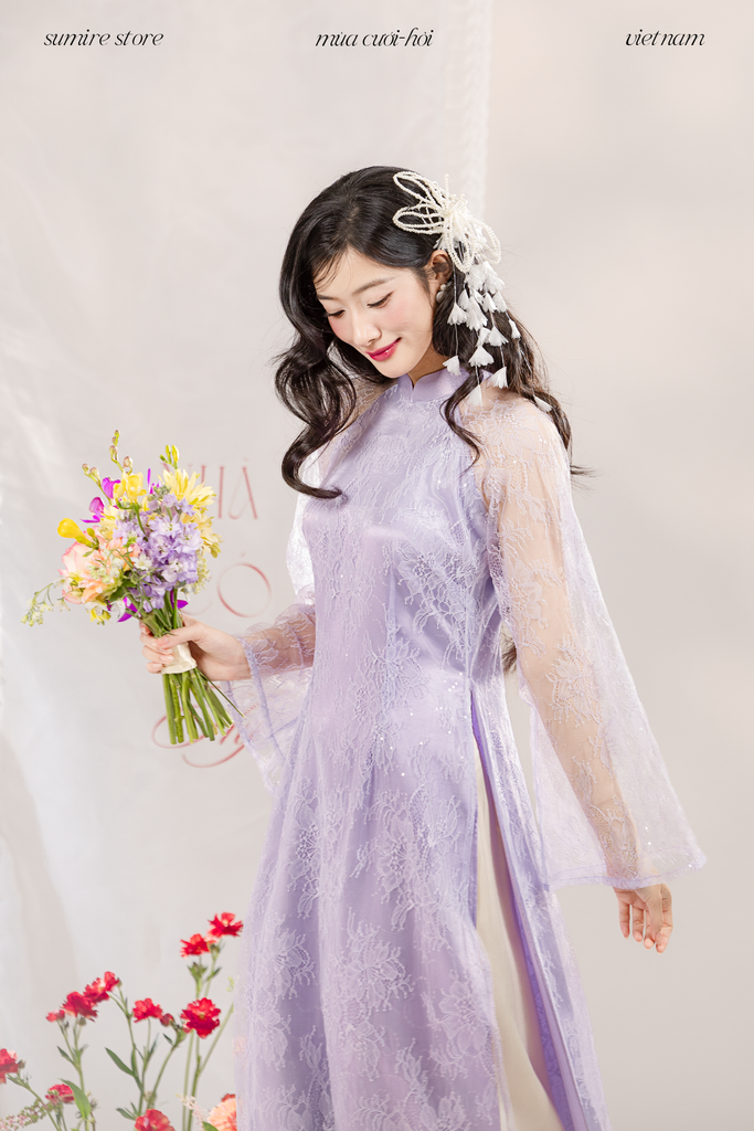 Áo dài dáng ôm ren kim sa Phúc Thiên Hương - Tím
