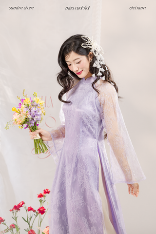 Áo dài dáng ôm ren kim sa Phúc Thiên Hương - Tím