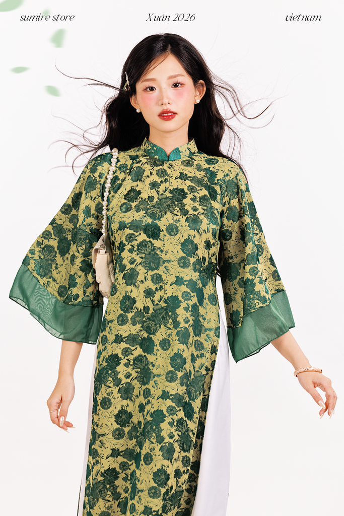 Áo dài gấm dáng suôn Yên Vân - Xanh lá đậm