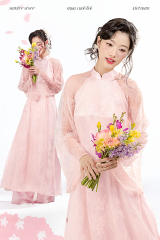 Áo dài dáng ôm ren kim sa Phúc Thiên Hương - Hồng nhạt