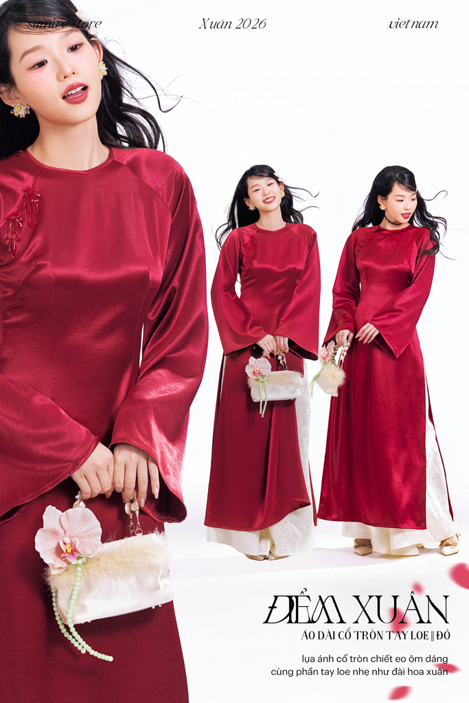 Áo dài cổ tròn Điểm Xuân - Đỏ