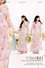 Áo dài tơ hoa Vân Đình - Hồng viền tím