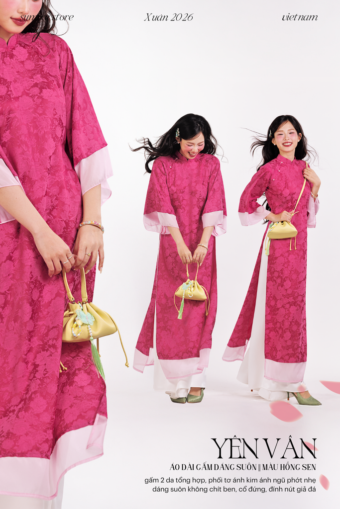 Áo dài gấm dáng suôn Yên Vân - Hồng sen