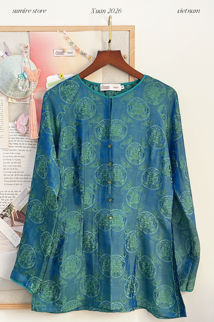 Áo bà ba lụa tơ tằm Phượng Đoan - Xanh lông công